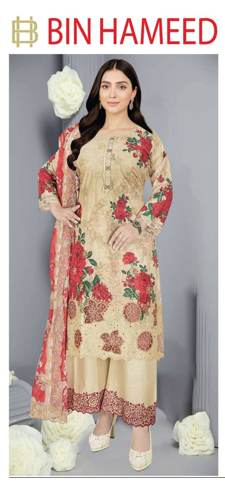 Bin Hameed Luxury Embroidered Lawn Three-Piece Suit - Image 5