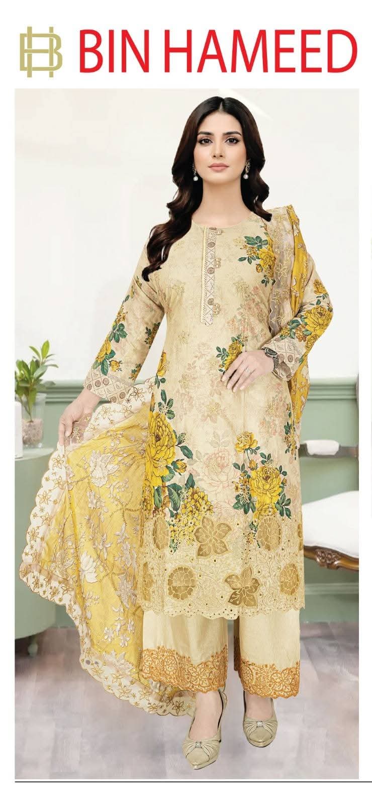 Bin Hameed Luxury Embroidered Lawn Three-Piece Suit - Image 2